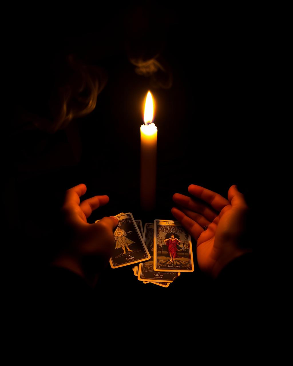 Manos sosteniendo cartas de tarot junto a una vela encendida