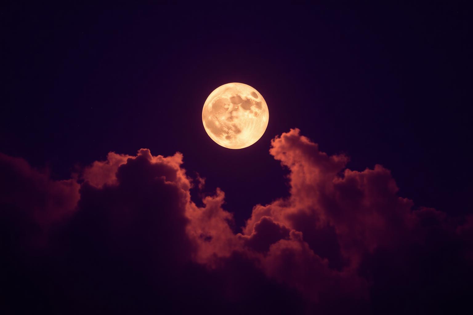 Luna llena dorada sobre cielo nocturno místico