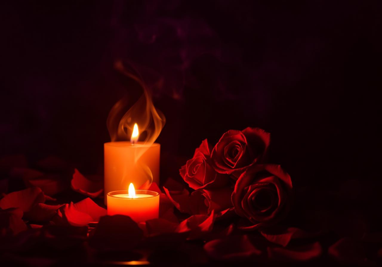 Velas encendidas y pétalos de rosas en penumbra